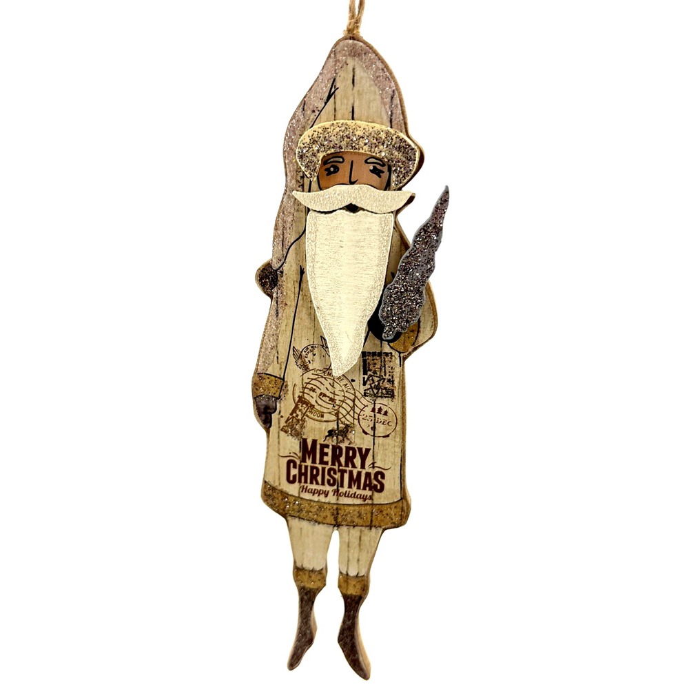 Kurt Adler Wood Carved Santa Claus Christmas Ornament Glitter Rustic 7.5"